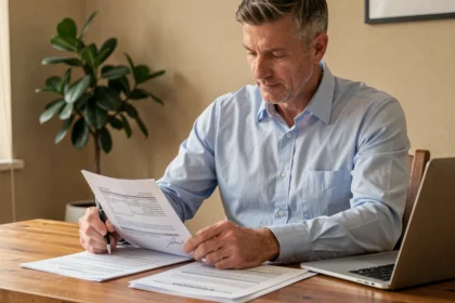 Homme de 40 ans comparant des contrats d'assurance emprunteur à son bureau à domicile