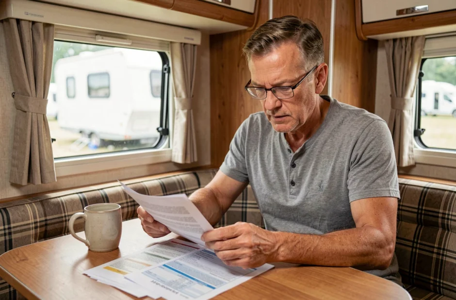 Homme comparant des offres d'assurance camping-car à l'intérieur de son véhicule aménagé