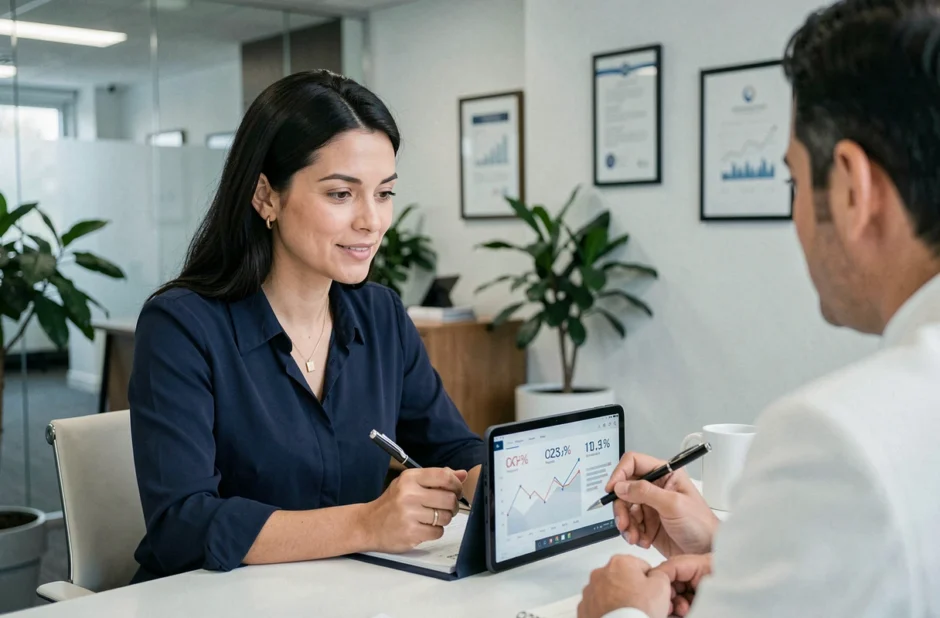 Femme discutant du taux d'assurance emprunteur avec un conseiller bancaire