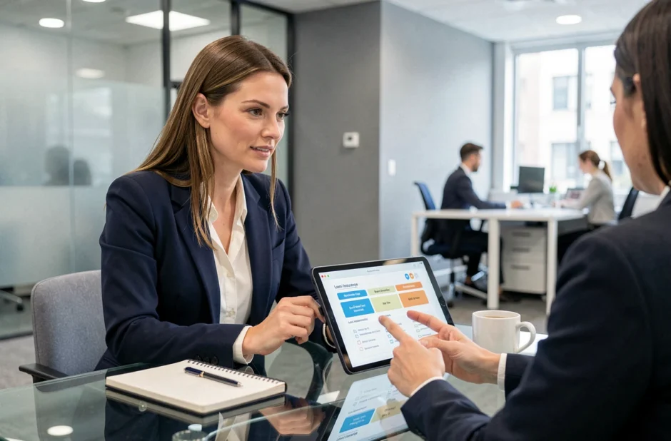 Femme consultant un conseiller financier pour réduire sa prime d'assurance de prêt immobilier