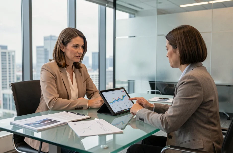 Femme consultant un conseiller financier pour simuler un investissement en SCPI en agence