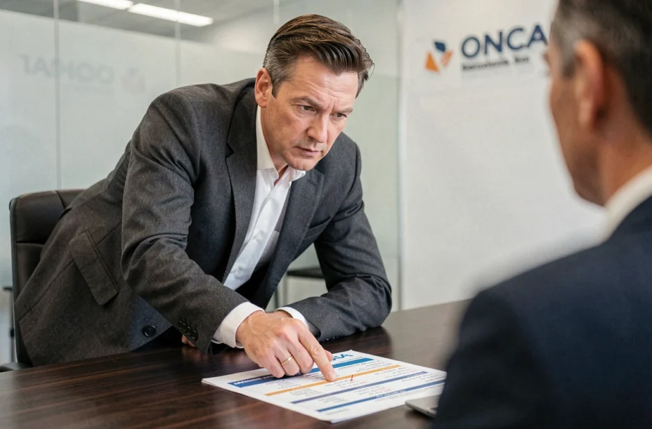 Conseiller bancaire présentant une comparaison de tarifs d'assurance emprunteur à un client