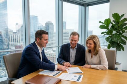 Conseiller financier présentant une SCPI santé à un couple d'épargnants dans un bureau bancaire moderne