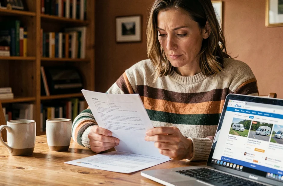 Femme consultant un contrat d'assurance camping-car pour une location entre particuliers à domicile