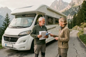 Couple consultant des documents d'assurance camping-car devant leur véhicule garé en montagne