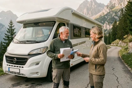 Couple consultant des documents d'assurance camping-car devant leur véhicule garé en montagne