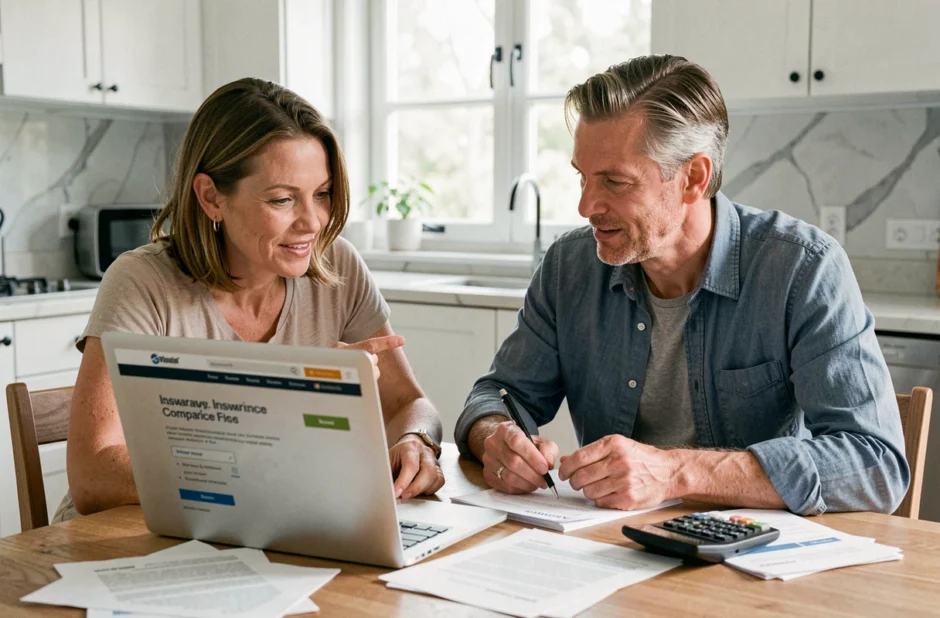 Couple comparant les offres d'assurance emprunteur en ligne depuis leur cuisine moderne