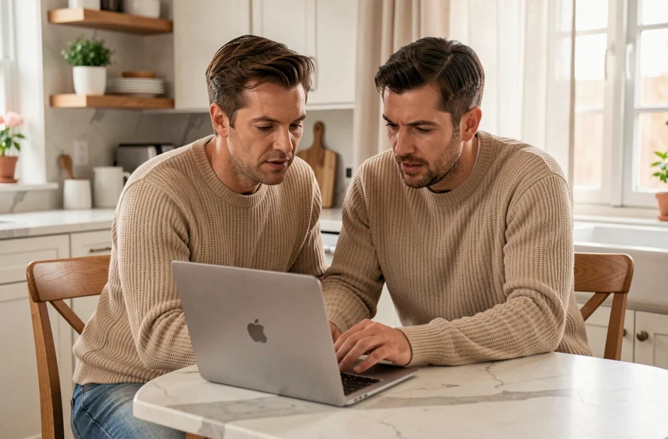 Couple comparant les taux d'assurance emprunteur en ligne depuis leur cuisine