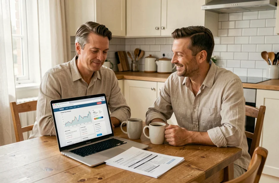 Couple comparant des offres d'assurance emprunteur sur ordinateur à la maison