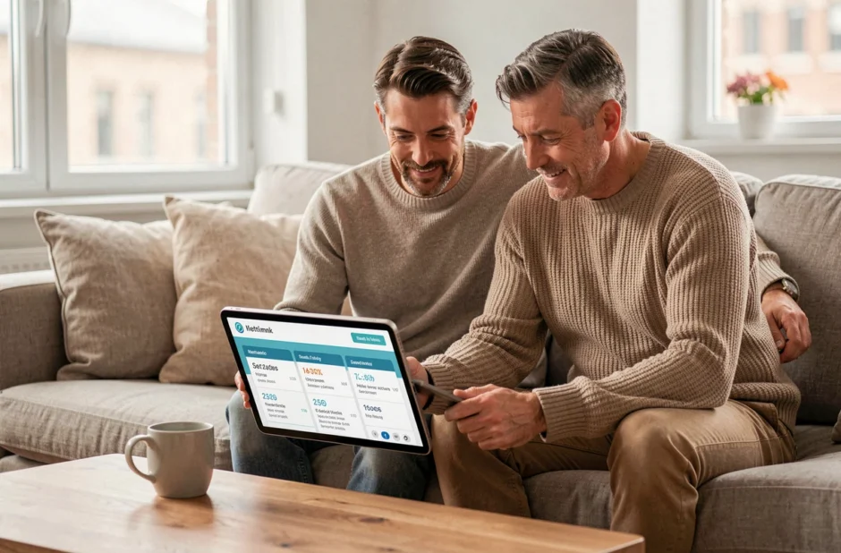 Couple comparant des offres de mutuelles santé sur une tablette dans leur salon