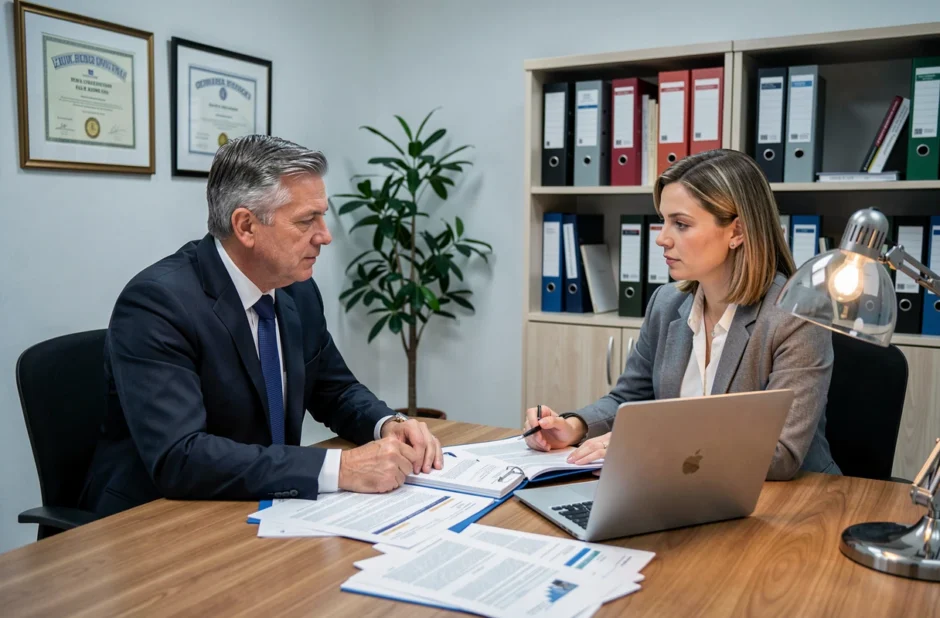Courtier en assurance et client professionnel discutant des tarifs d'une assurance multirisque professionnelle en bureau