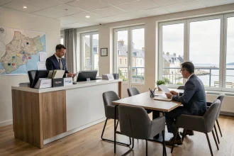 Bureau d'un courtier en assurance dans les Côtes-d'Armor avec carte de la région et documents professionnels