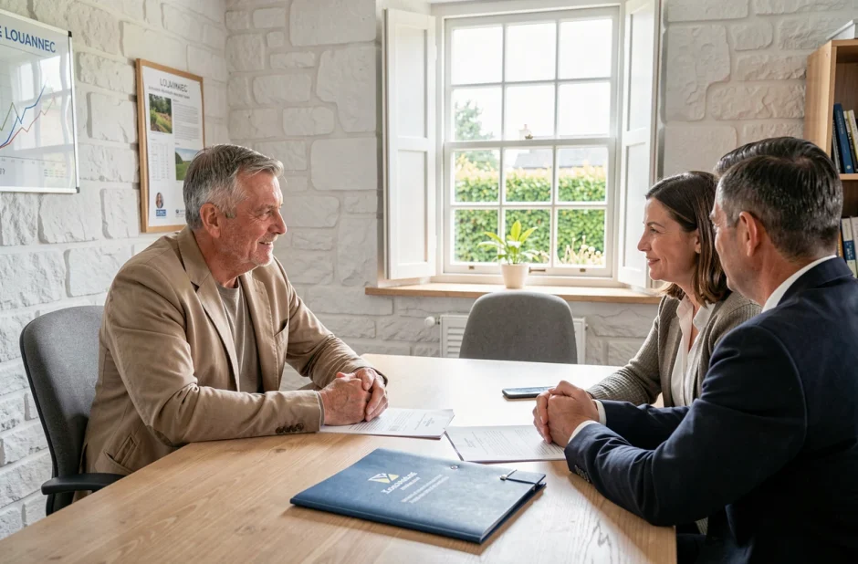 Cabinet de courtage Débordès et Associés à Louannec avec consultant et clients autour d'une table de réunion