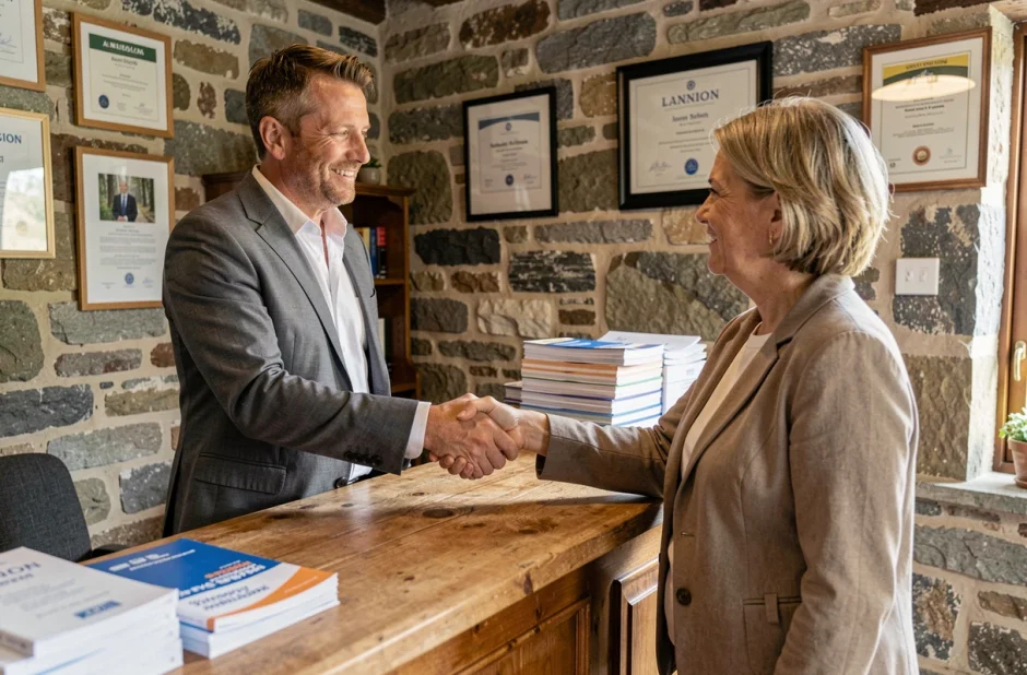 Courtier généraliste Debordes-Ribaimont Assurances accueillant un client dans son agence à Lannion