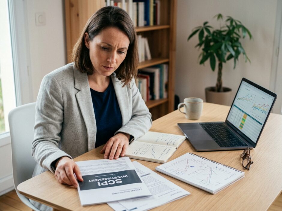 Épargnante analysant les performances d'une SCPI santé depuis son bureau à domicile