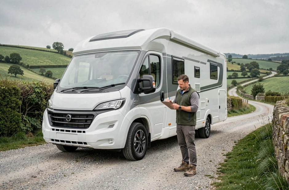 Homme effectuant un état des lieux d'un camping-car avant une location entre particuliers en zone rurale