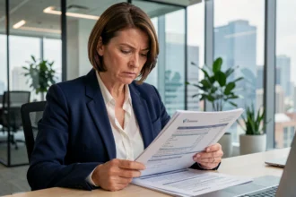 Femme cadre analysant un contrat d'assurance emprunteur Sogecap dans un bureau moderne