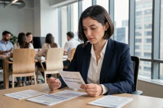 Femme cadre analysant des fiches de paie et documents salariaux sur un bureau moderne, illustrant la comparaison brut net 2026