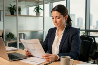 Femme professionnelle en blazer marine examinant des documents d'assurance multirisque professionnelle dans un bureau moderne