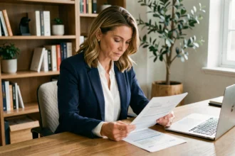 Femme d'une quarantaine d'années révisant un contrat de mutuelle santé à son bureau à domicile