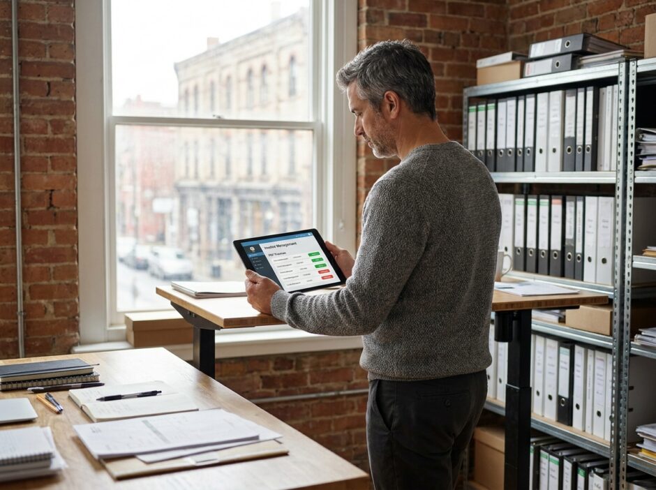 Chef de petite entreprise utilisant une tablette pour gérer la facturation électronique dans un bureau de style industriel