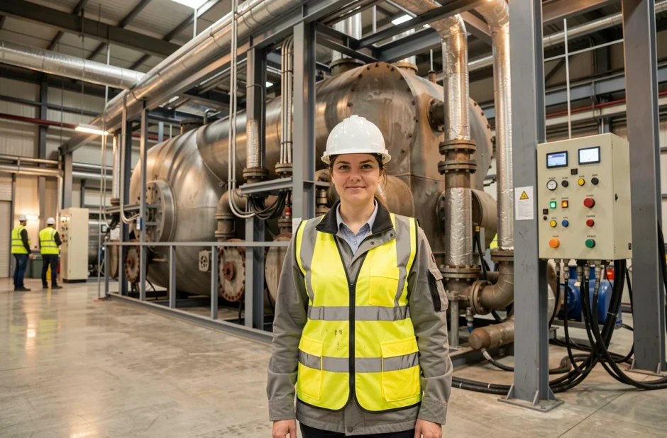 Ingénieure industrielle devant un réacteur à plasma dans une usine de traitement des déchets