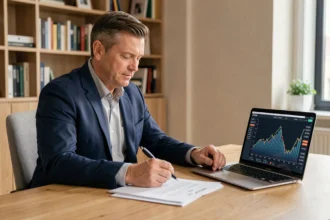 Un investisseur particulier analyse les performances d'une SCPI sur des documents financiers imprimés dans un bureau à domicile moderne