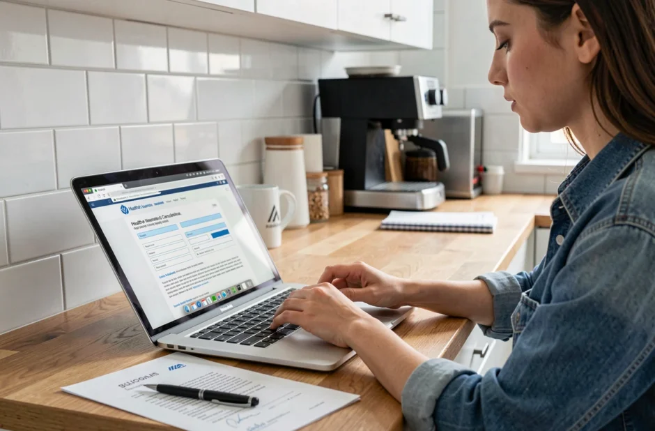 Jeune femme remplissant un formulaire de résiliation de mutuelle santé en ligne depuis son domicile
