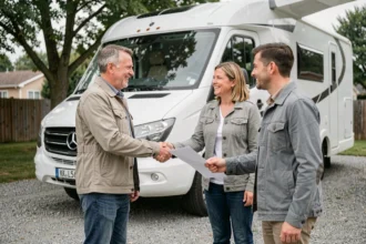 Deux particuliers échangeant des documents d'assurance devant un camping-car en location entre particuliers