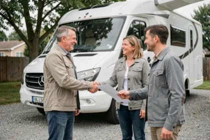 Deux particuliers échangeant des documents d'assurance devant un camping-car en location entre particuliers