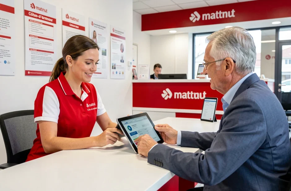 Conseillère Matmut en uniforme rouge présentant une offre d'assurance sur tablette à un client dans une agence des Côtes-d'Armor