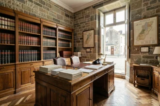 Bureau de notaire traditionnel en Vendée avec registres juridiques et documents officiels