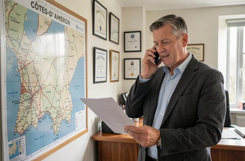 Agent et courtier Mma Sanquer Hervé à Lannion en communication téléphonique devant une carte des Côtes-d'Armor