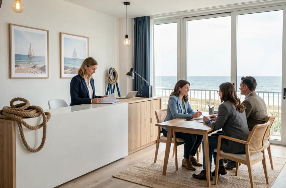 Notaire conseil aux Sables-d'Olonne recevant des clients dans un bureau moderne face à l'océan