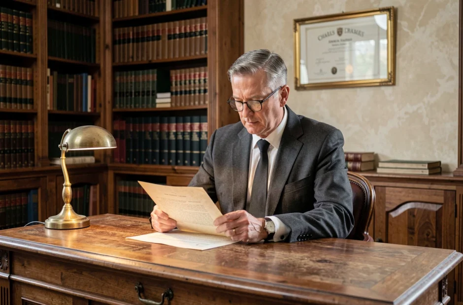 Notaire Charles Gouraud dans son étude traditionnelle consultant un acte juridique à son bureau
