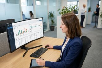 Femme professionnelle comparant des plateformes de facturation électronique sur un écran d'ordinateur dans un bureau moderne en 2026