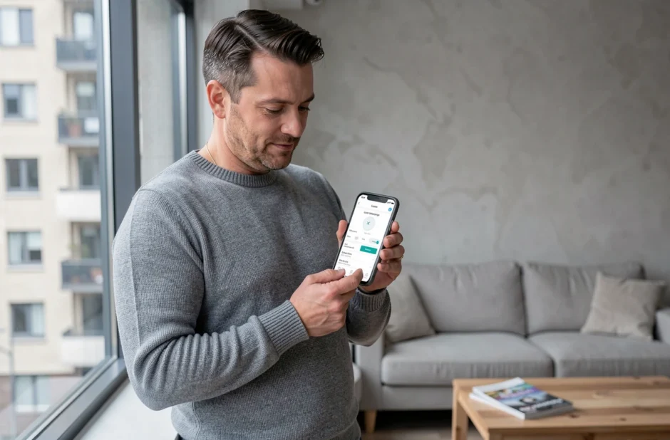 Homme consultant une application mobile de simulation d'économies sur son assurance emprunteur