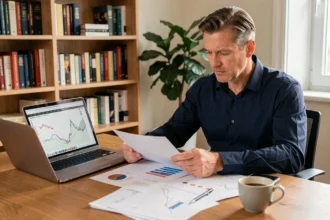 Homme analysant une simulation de rendement SCPI sur ordinateur portable dans un bureau à domicile moderne
