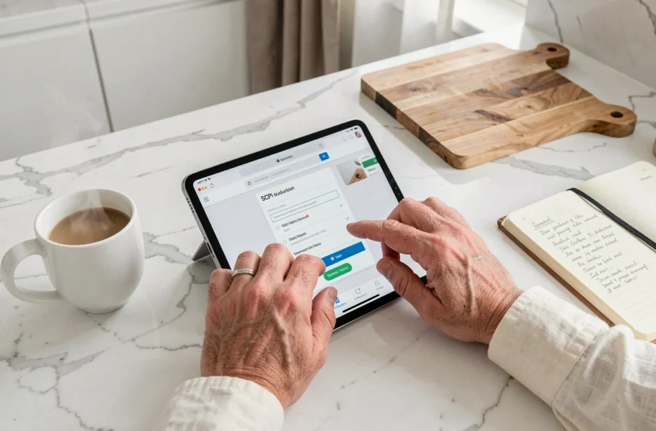 Des mains scrollent une interface de souscription de parts de SCPI sur une tablette posée sur un comptoir de cuisine moderne