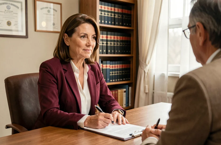 Maître Isabelle Vrain, notaire, à l'écoute d'un client dans son étude chaleureuse en Vendée