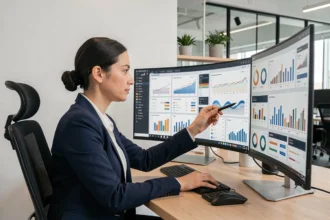 Analyste financière consultant un tableau de bord FinanceView sur deux écrans ultrawide dans un bureau moderne