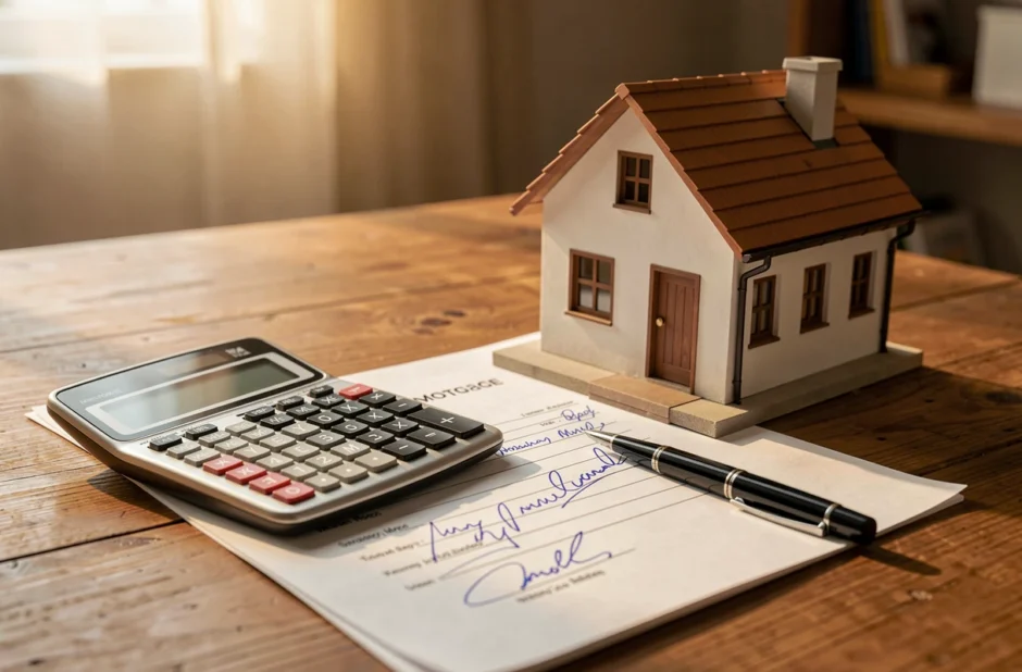 Calculatrice et contrat de prêt immobilier sur une table