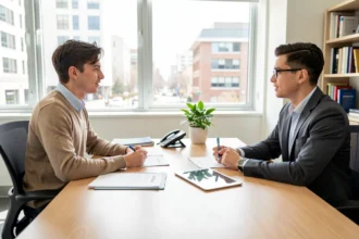 Couple face à un conseiller bancaire pour un projet d'achat immobilier