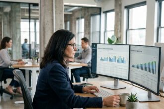 Directrice financière analysant un tableau de bord de facturation récurrente sur double écran dans un bureau moderne