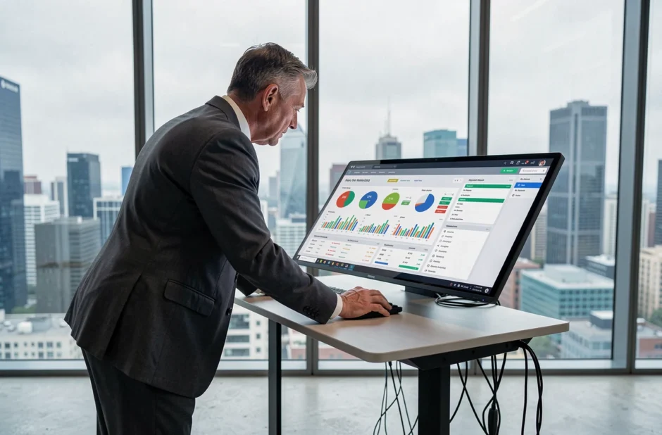Dirigeant d'entreprise analysant des indicateurs financiers sur une tablette tactile avec dashboard personnalisé dans un bureau vitré