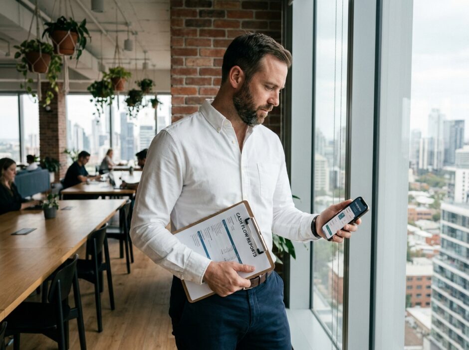 Entrepreneur en entreprise de services examinant des rapports de trésorerie et une application de facturation automatique