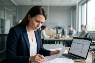 Femme d'affaires gérant des factures impayées manuellement dans un bureau professionnel moderne