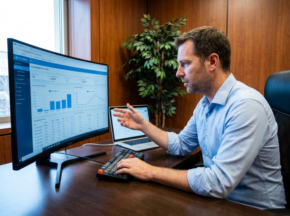 Professionnel utilisant un logiciel de recouvrement de créances sur ordinateur dans son bureau